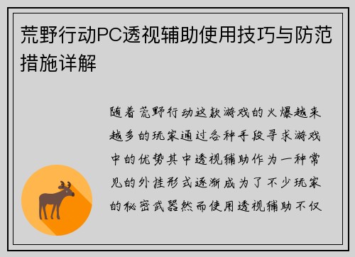 荒野行动PC透视辅助使用技巧与防范措施详解